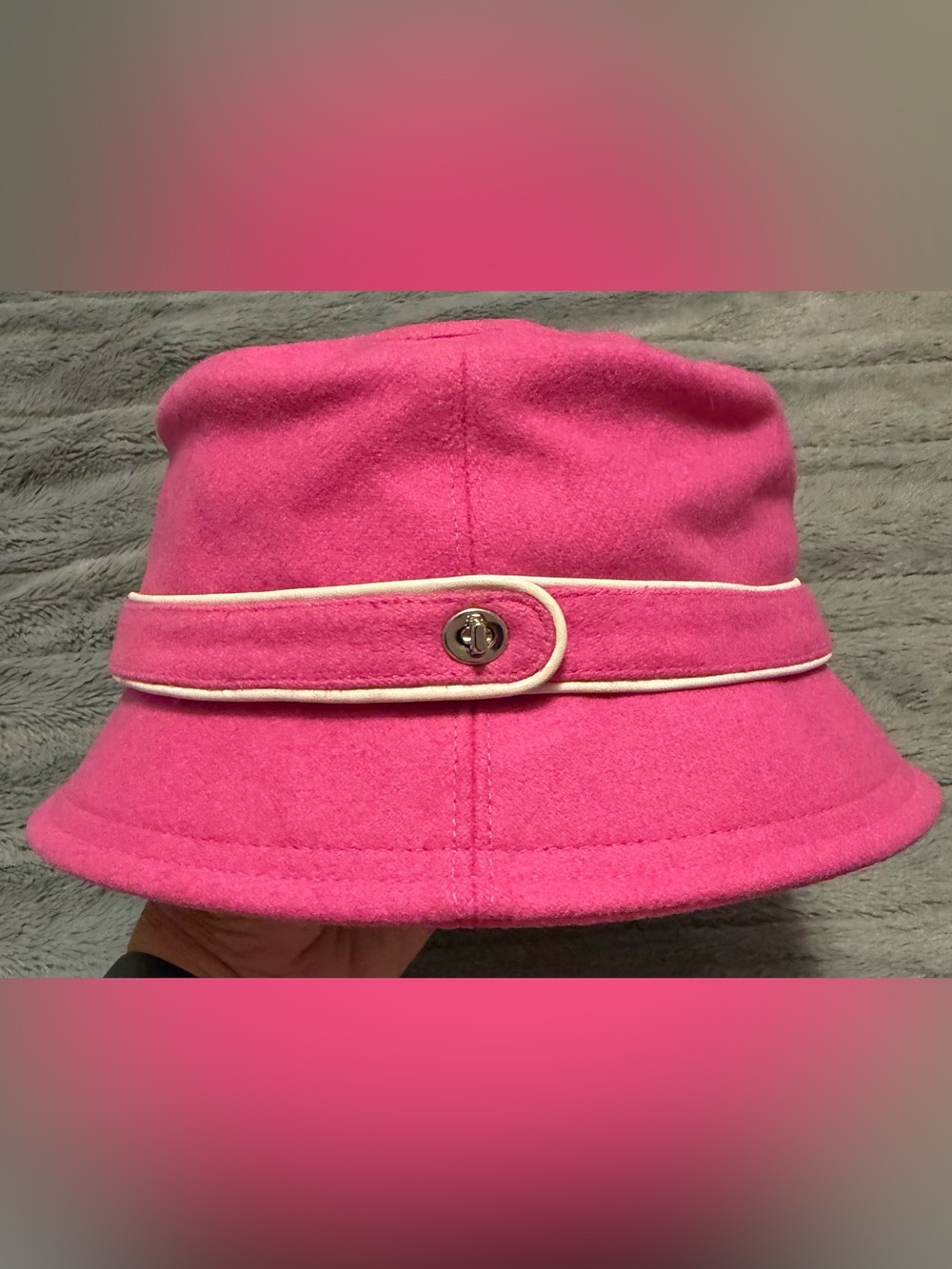 Coach Pink Wool Bucket Hat with Cream Trim and Turn-Lock, M/L